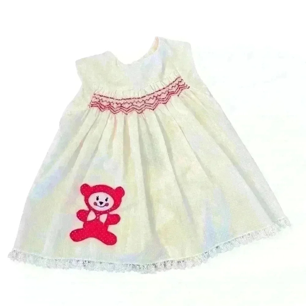 Vintage Baby Girl Smocked Top - Swiss Dots, Lace Trim, Tie Neck - 6-12 Months